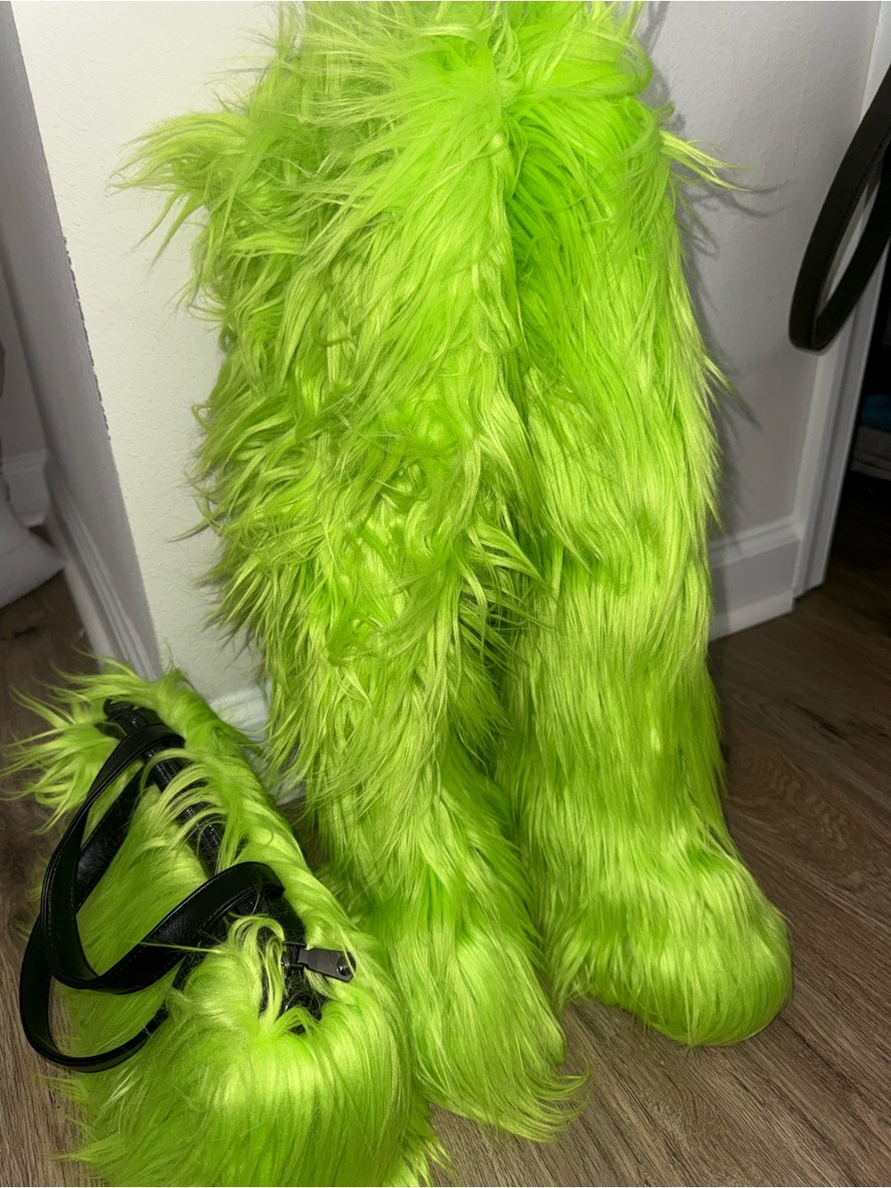 Neon Lime Faux Fur Knee-High Boots with Matching Bag